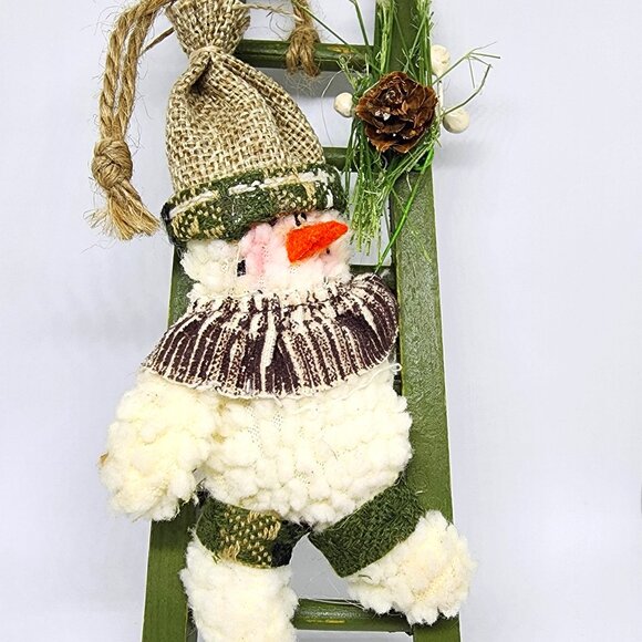 Plush Snowman Climb Green Ladder Cottage Farmhouse Christmas Holiday Ornament - Picture 10 of 10